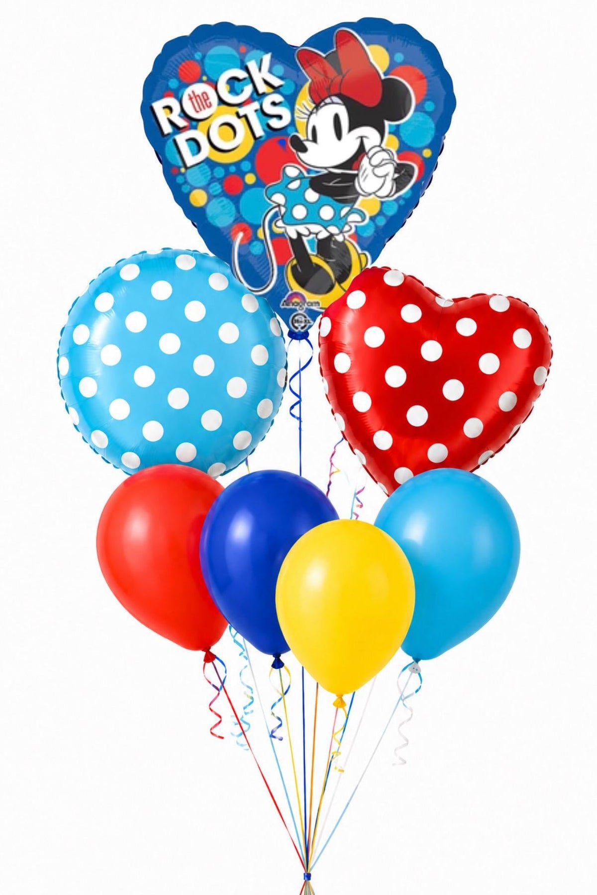 Mouse girl birthday balloon bouquet with red and blue polka dots