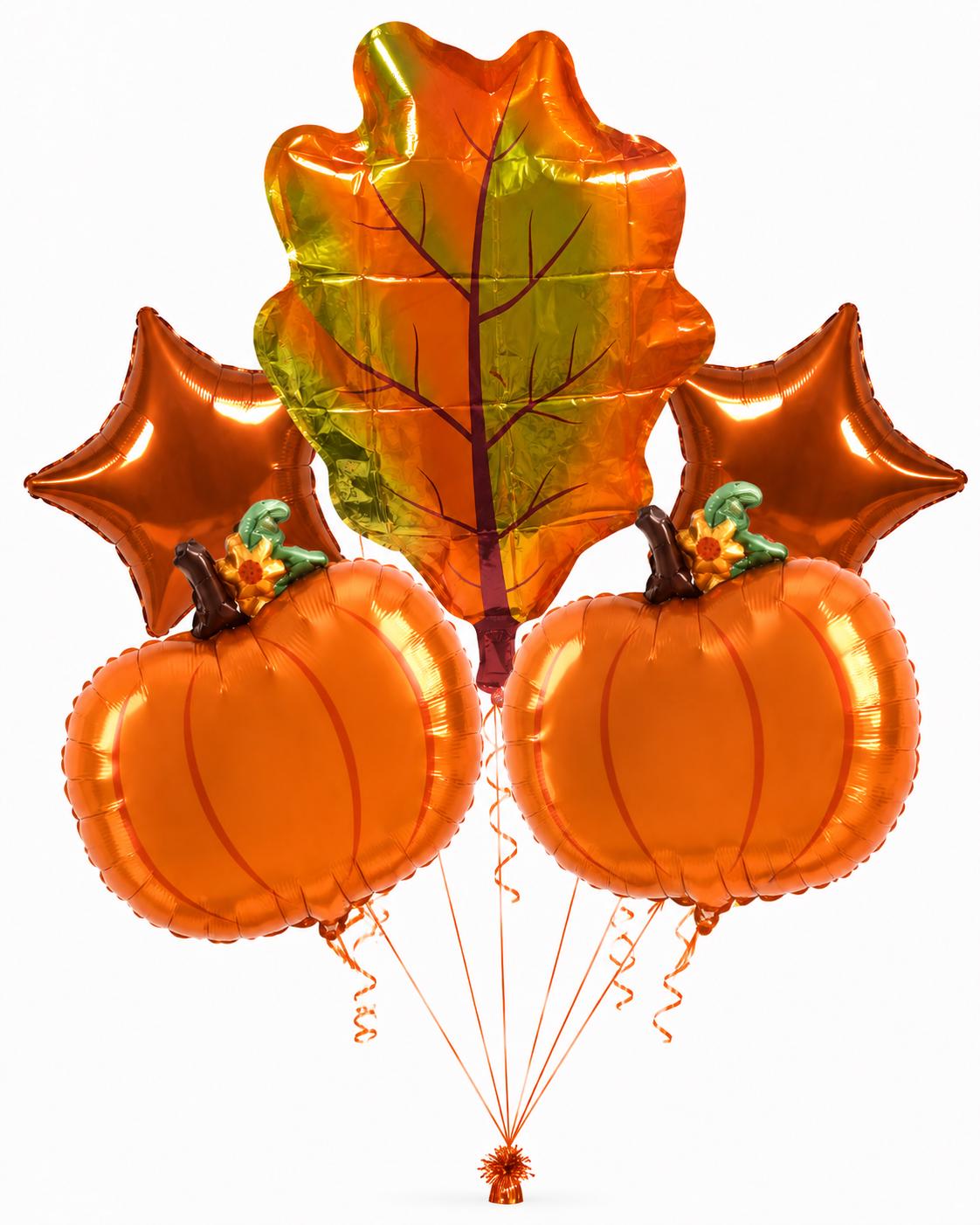 Fall Balloon Bundle, Pumpkin and Autumn Leaf Balloons, Burnt Orange Star Balloons, Thanksgiving Party Decor, Set of 5