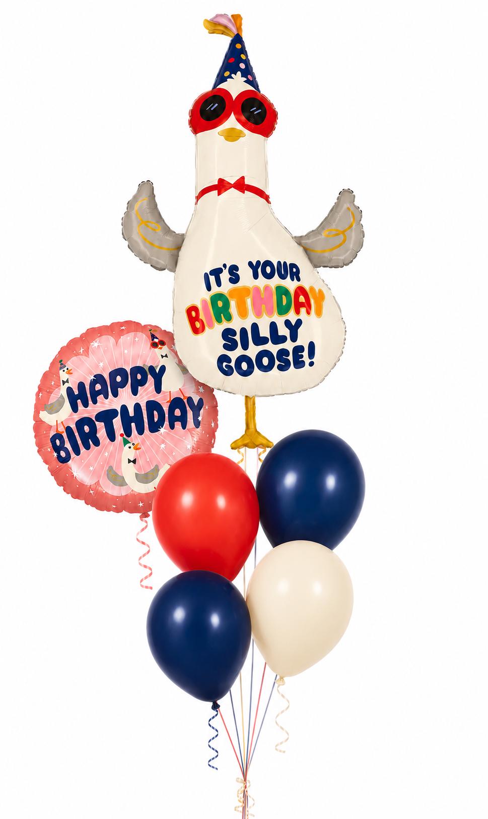 Silly Goose birthday balloon bouquet with red, navy blue and cream latex balloons