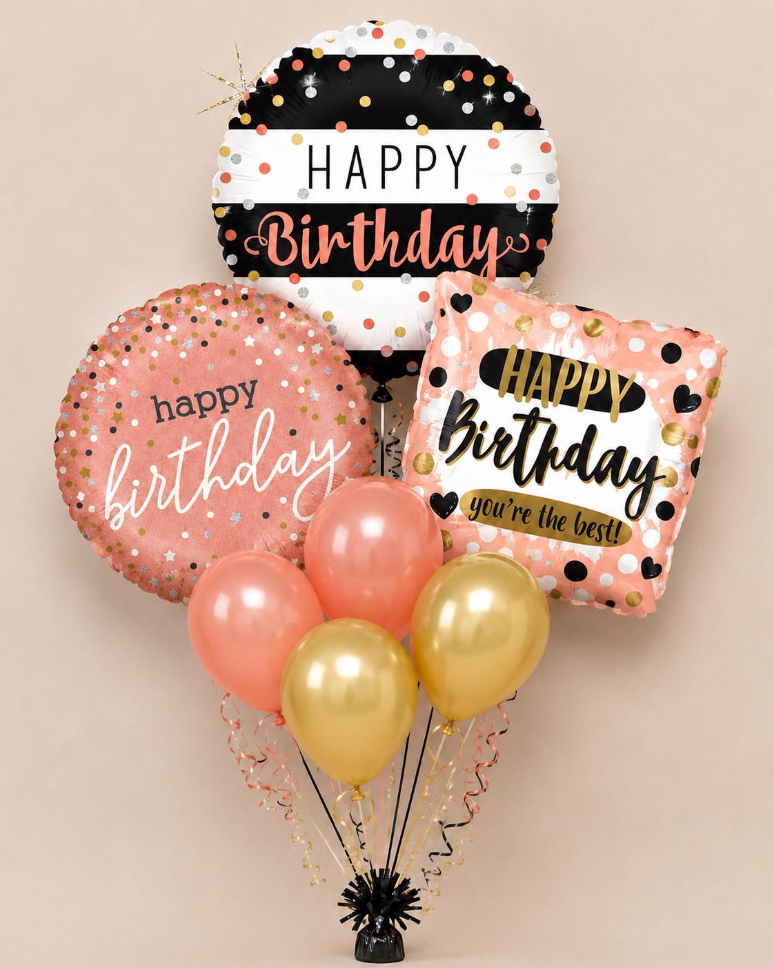 Coral and gold Happy Birthday balloon bouquet