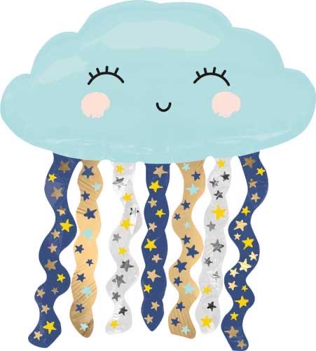 Smiling blue cloud foil balloon with hanging star streamers