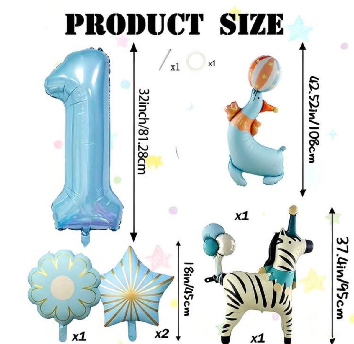 Vintage Circus Animal Balloon Bundle, Zebra and Seal Foil Balloons, Personalized Number Birthday Balloons, Blue Carnival Party Decor