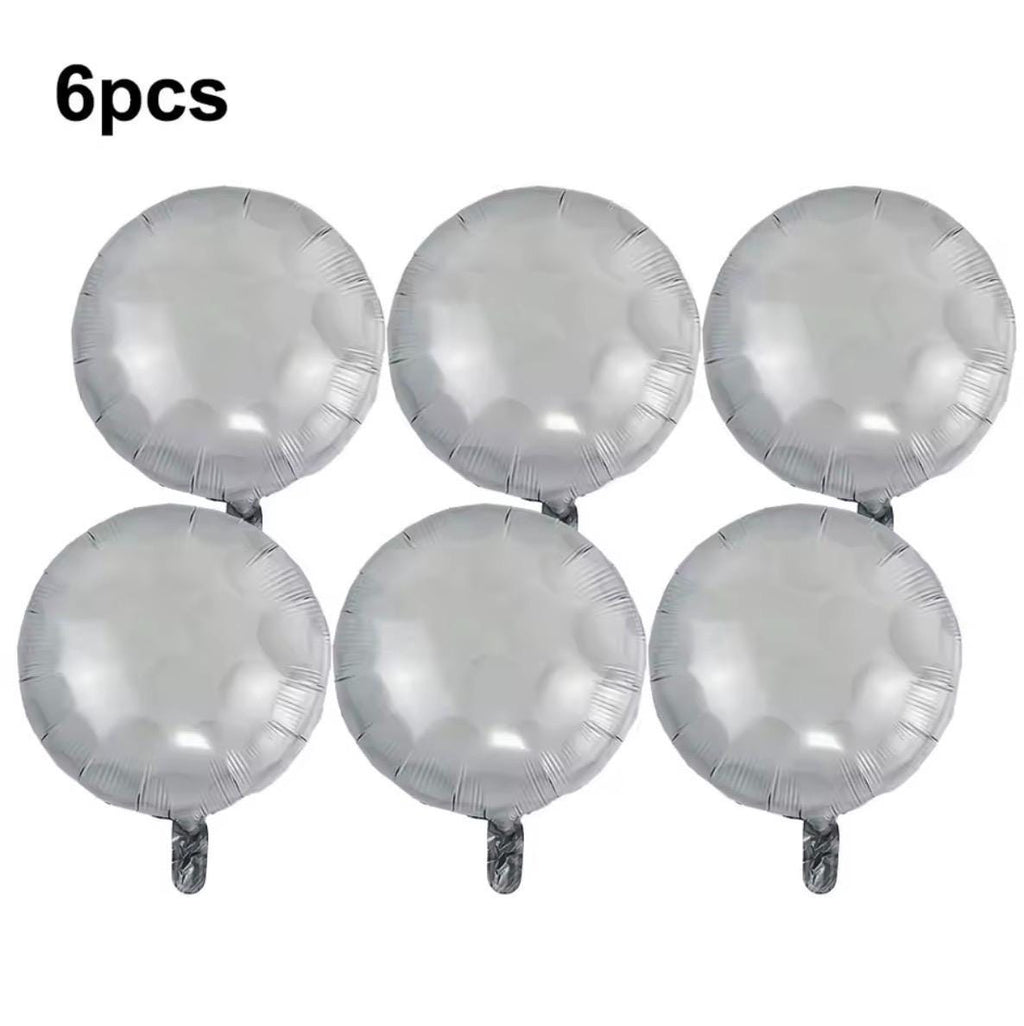 Silver round latex balloons shown in a product supply image