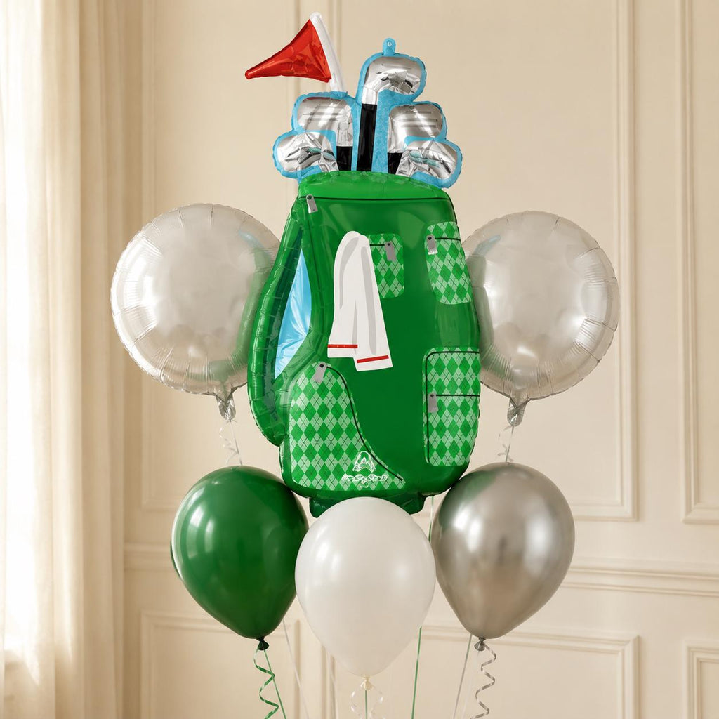 Green golf bag balloon bouquet with silver and coordinating latex balloons