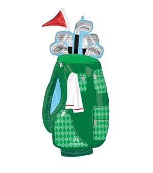 Green golf bag shaped foil balloon with clubs and a red flag
