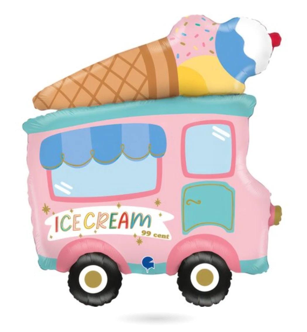 Pink ice cream truck foil balloon topped with an ice cream cone