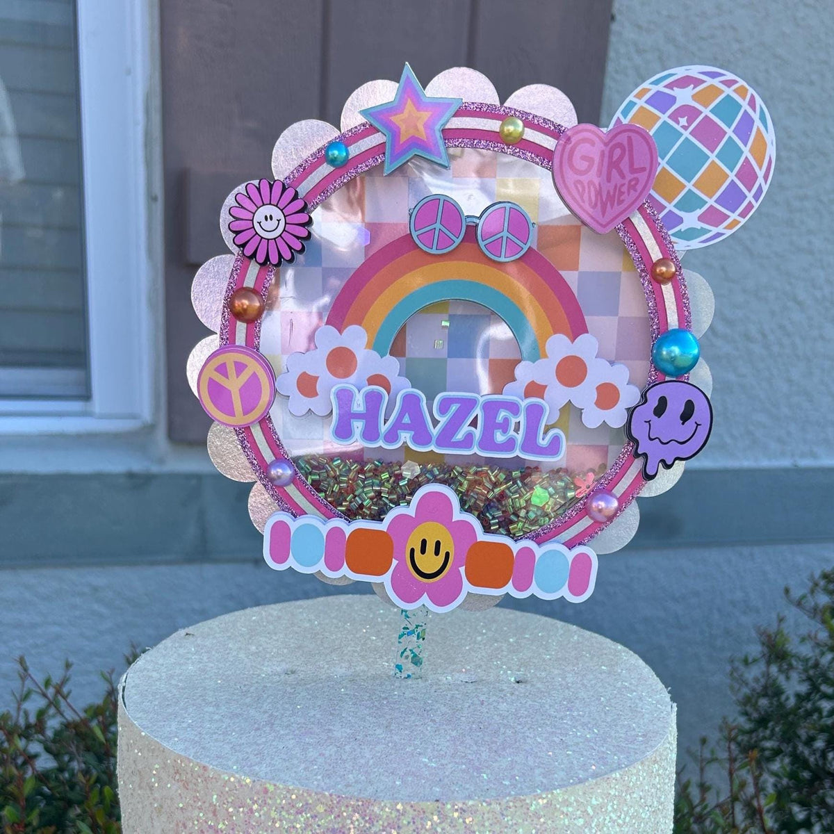 Personalized Retro Rainbow Glitter Cake Topper