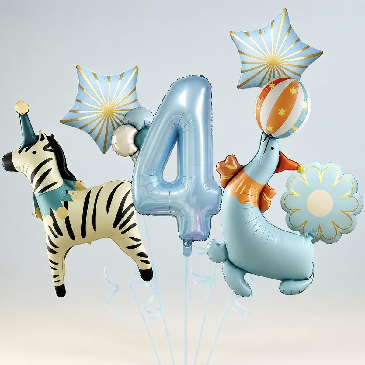 Vintage Circus Animal Balloon Bundle, Zebra and Seal Foil Balloons, Personalized Number Birthday Balloons, Blue Carnival Party Decor