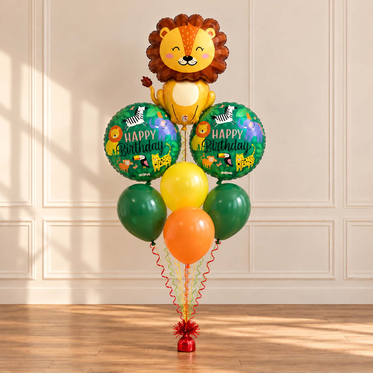 Seated lion safari birthday bouquet with 3 foil and 4 latex balloons
