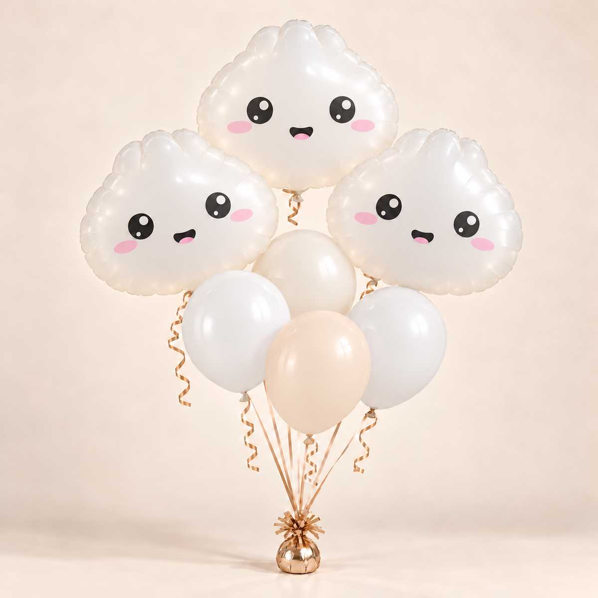 3 translucent white dumplings with 2 white, 1 cream and 1 cream blush latex balloon