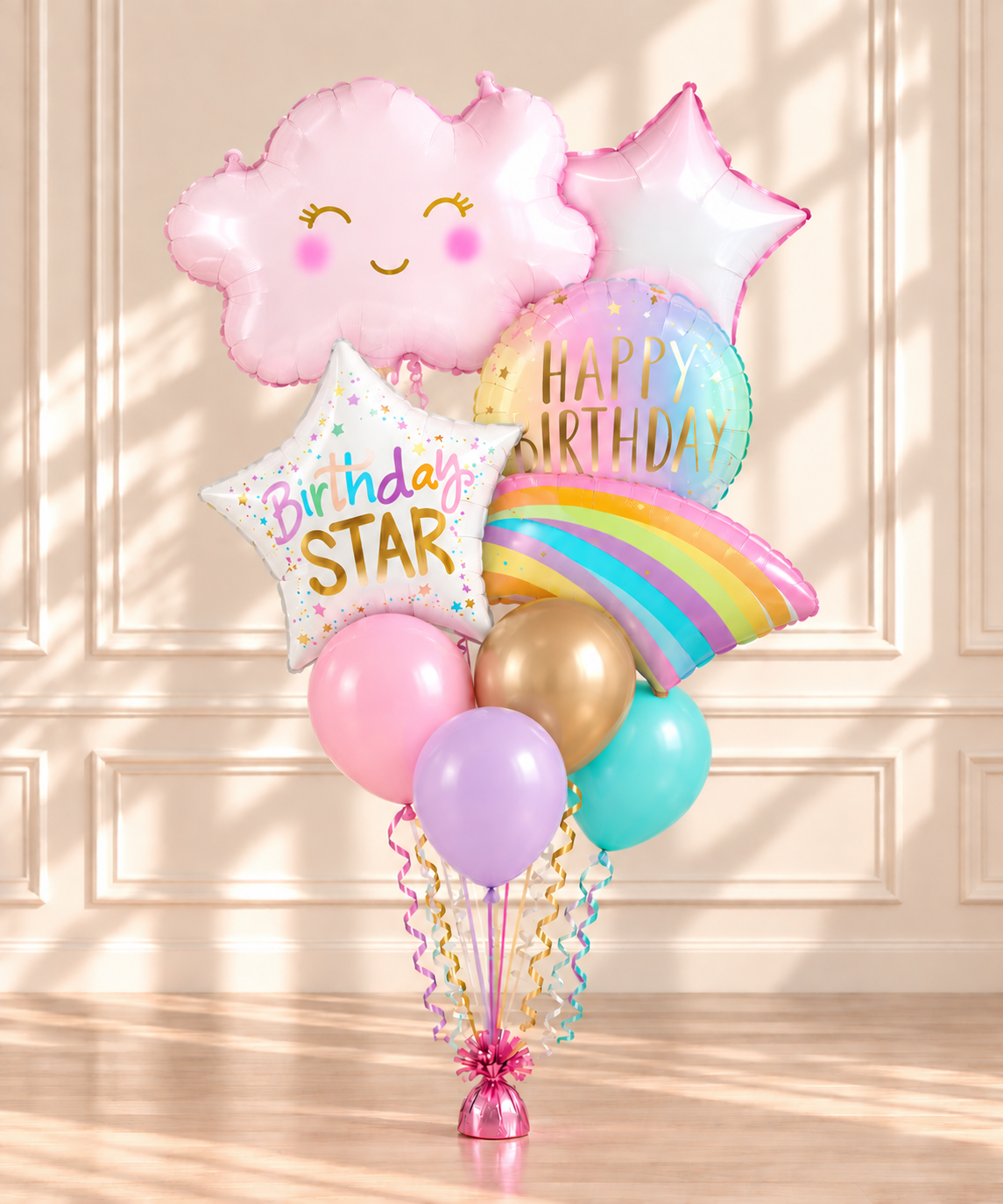 Pastel birthday bouquet with smiling pink cloud rainbow birthday stars and coordinating latex balloons
