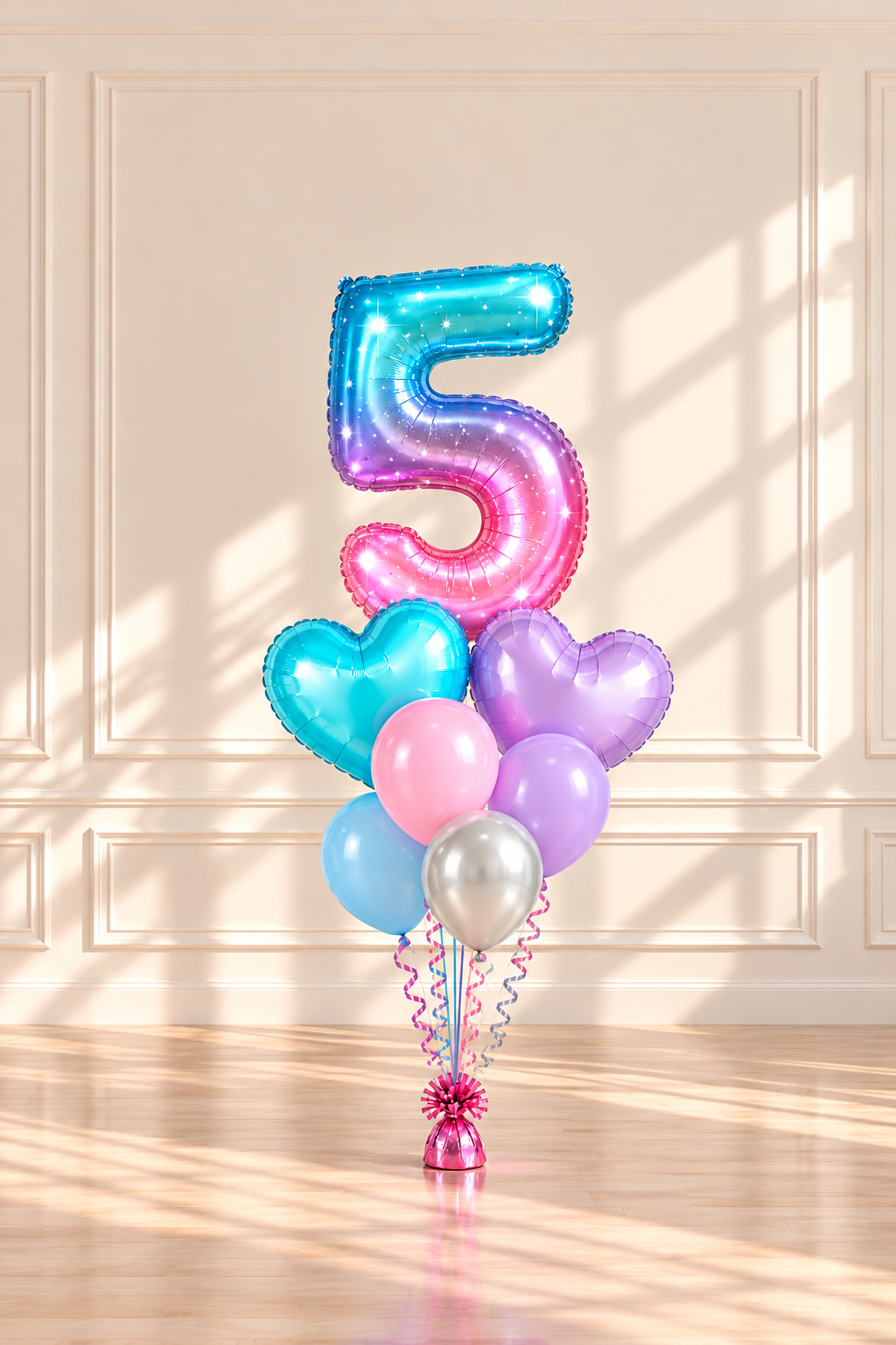 Pastel number 5 balloon bouquet with turquoise and lavender hearts and four coordinating latex balloons