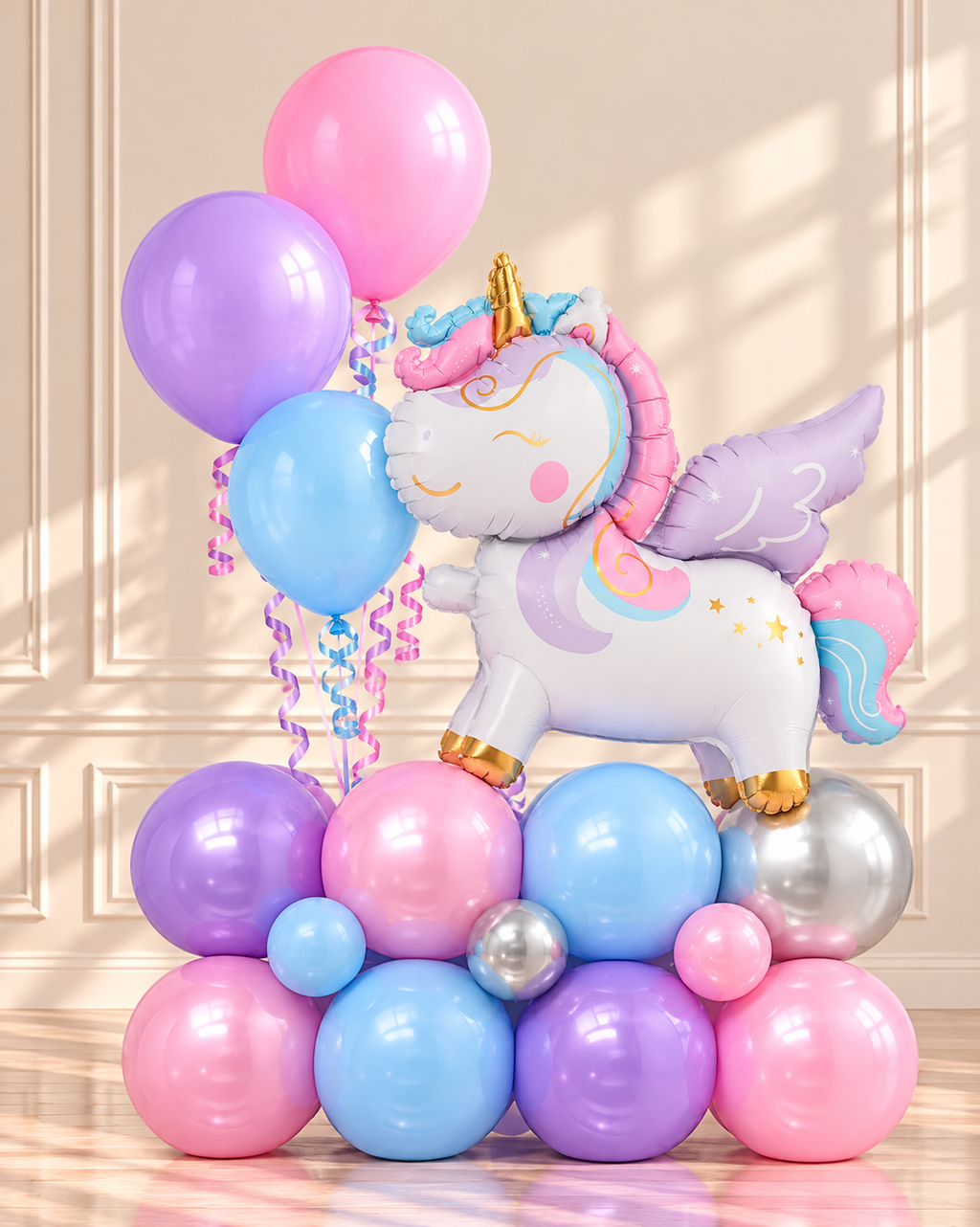 Pastel winged unicorn foil balloon with pink purple blue and silver latex balloon base