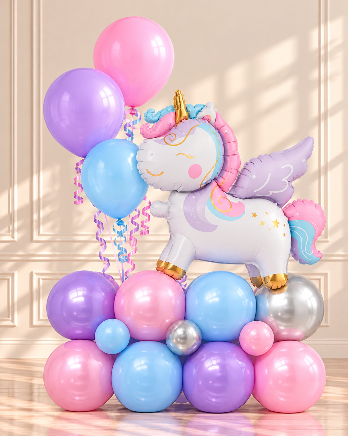 Pastel winged unicorn foil balloon with pink purple blue and silver latex balloon base