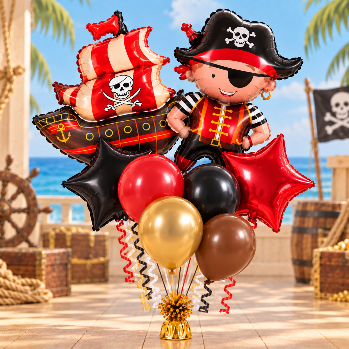 Pirate ship and captain bouquet with red and black stars and four round balloons