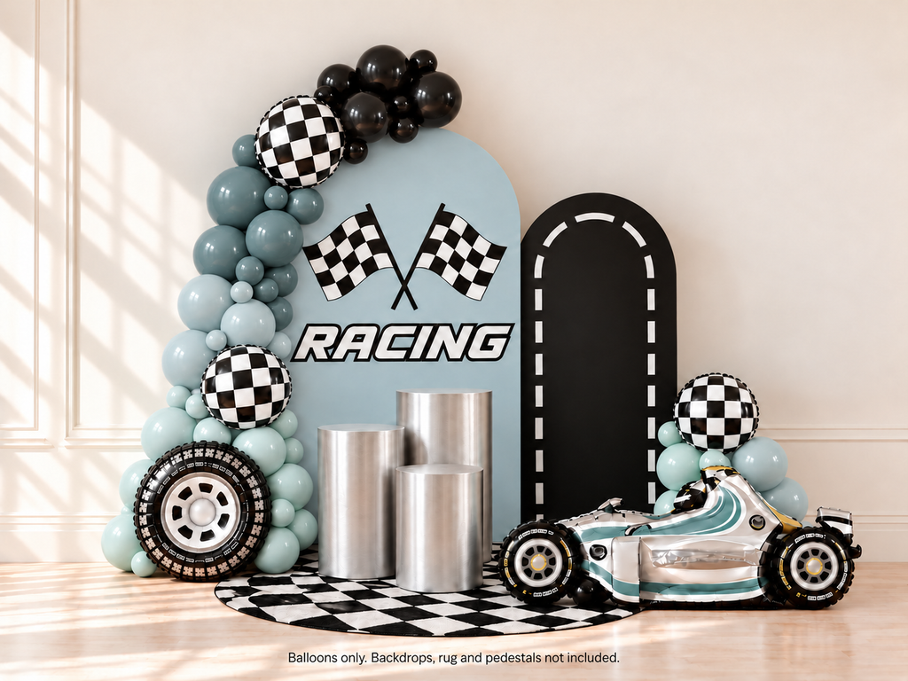 Styled race car balloon garland kit in included colors. Backdrops, rug and pedestals not included.