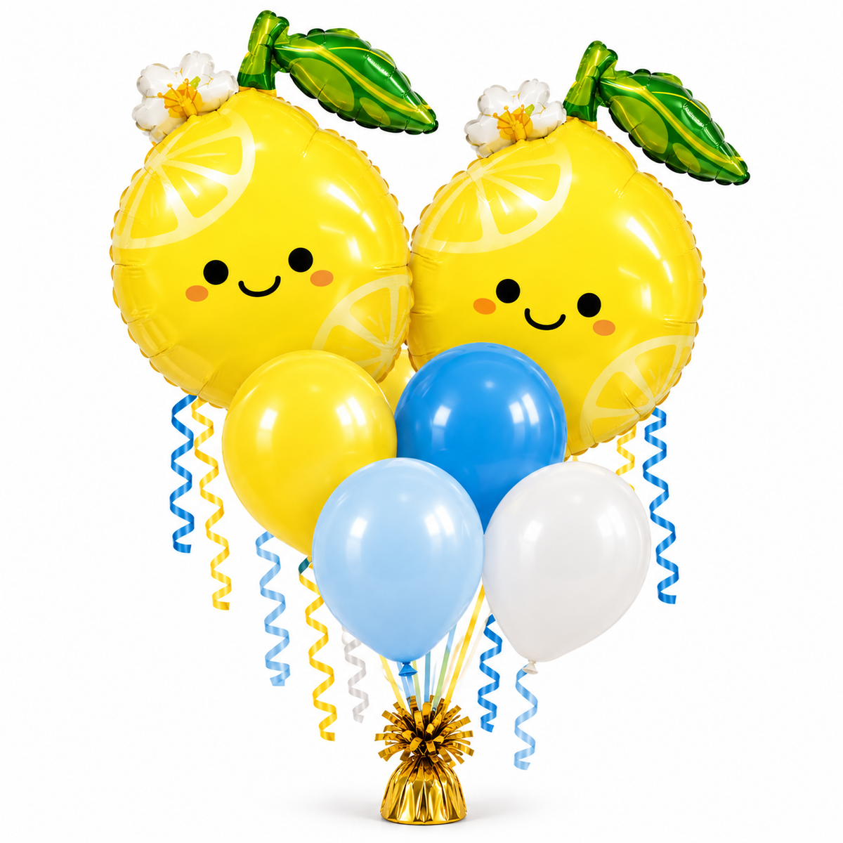 Six-piece smiling lemon balloon bouquet on white background