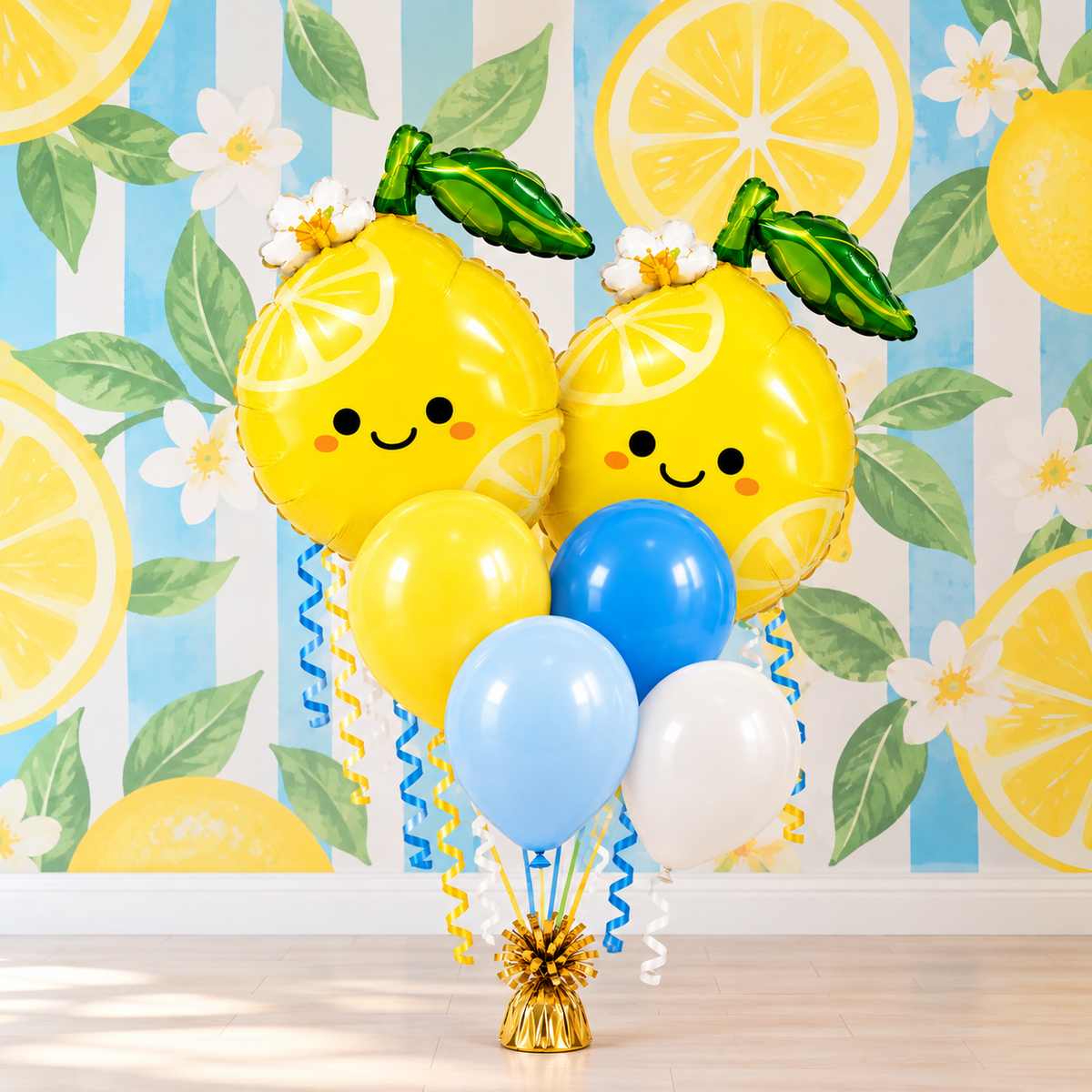 Smiling lemon balloon bouquet styled with a citrus backdrop