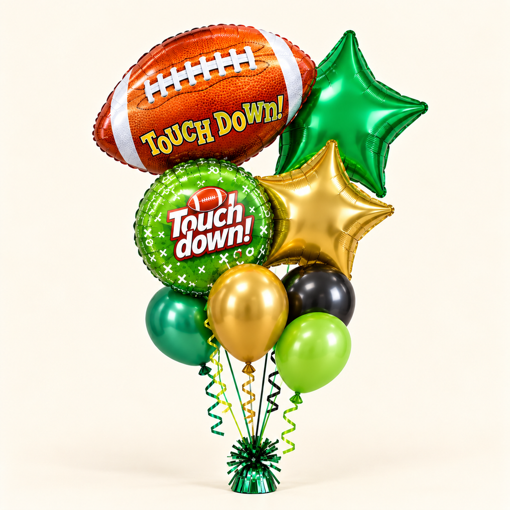 Football balloon bouquet with touchdown foil balloons green and gold stars and four coordinating latex balloons