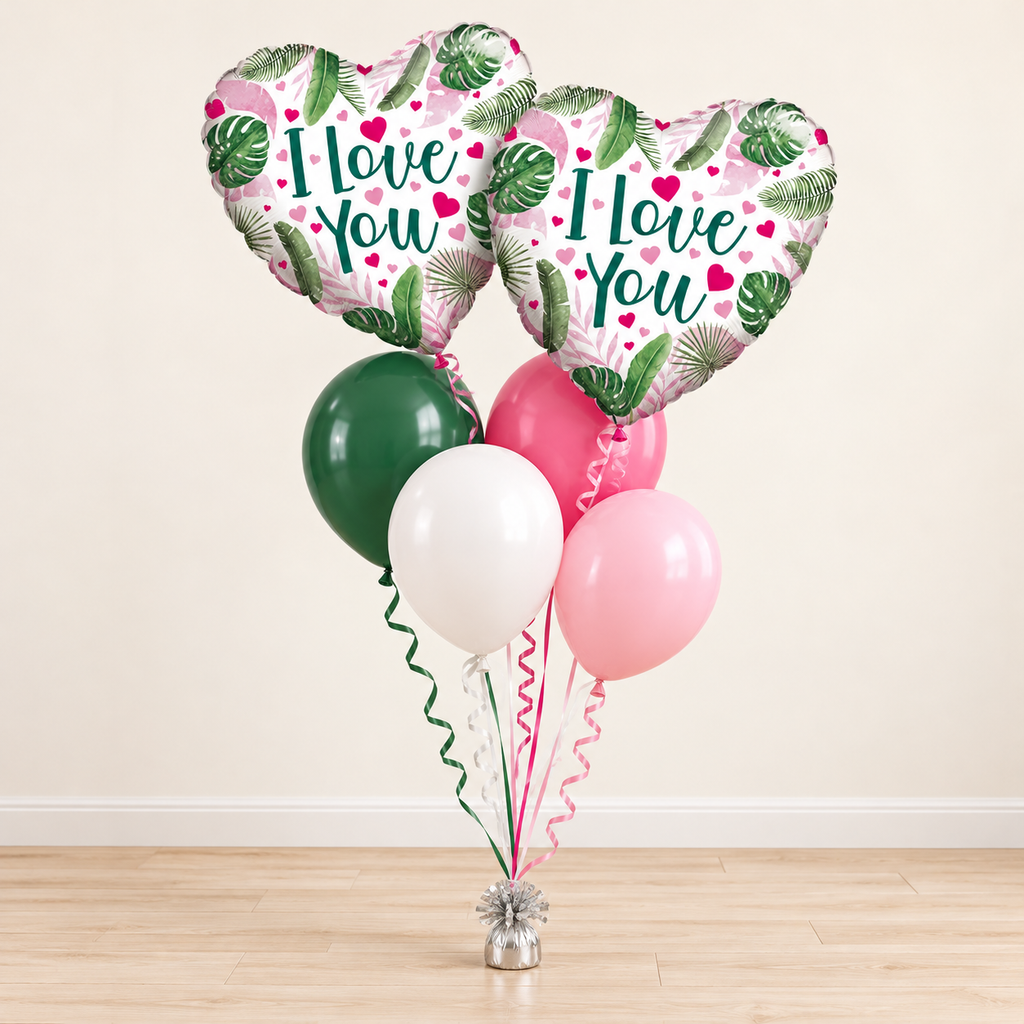 Tropical I Love You bouquet with two heart foil balloons and four green, pink and white latex balloons