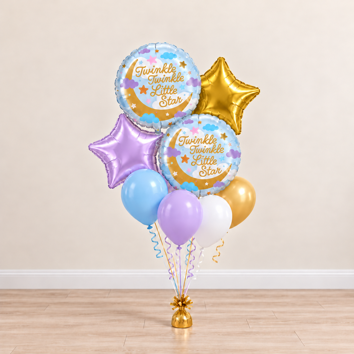 Twinkle Twinkle bouquet with two printed foils, gold and lilac stars and four latex balloons