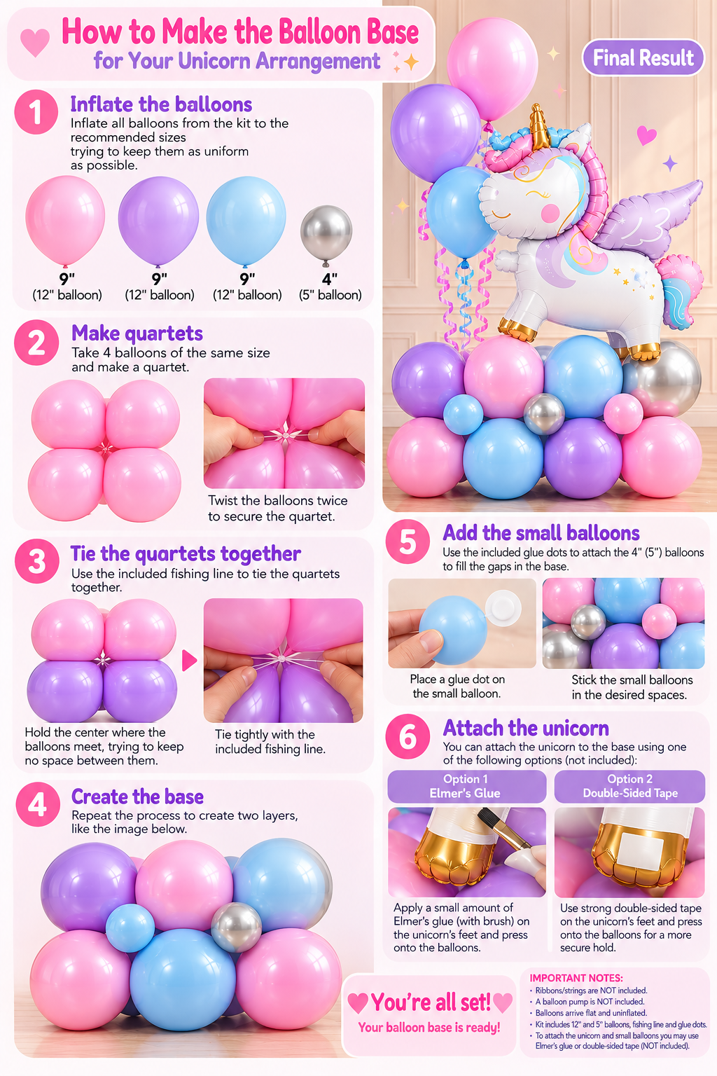 Step-by-step assembly guide for the unicorn balloon base using latex balloons fishing line and glue dots