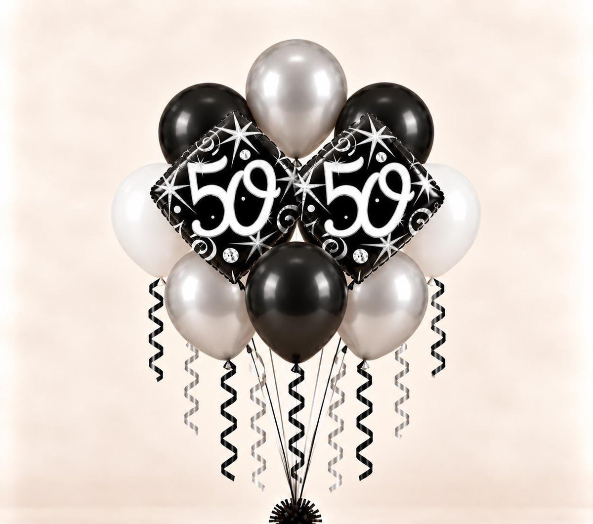 50th Birthday Balloon Bouquet, Black Silver White 50 Balloons, Elegant Milestone Birthday Decor, 50th Party Centerpiece