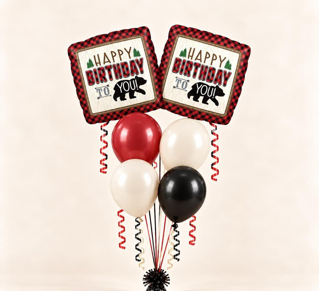 Lumberjack Birthday Balloon Bouquet, Rustic Bear Party Balloons, Buffalo Plaid Birthday Decor, Woodland Balloon Centerpiece