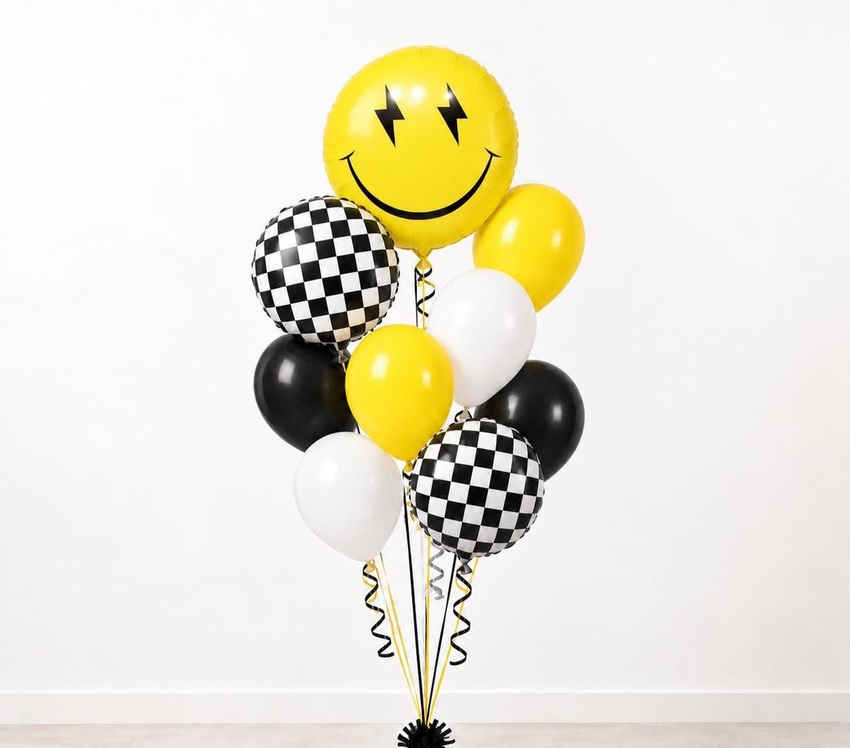 One Happy Dude Balloon Bundle, Yellow Smiley Face and Checkered Balloons, Black White Birthday Decor, Racing Party, 9 Piece Set
