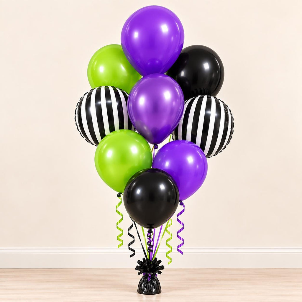 Beetlejuice Inspired Balloon Bouquet, Purple Green Black Balloons, Black White Striped Balloons, Halloween Birthday Party Decor