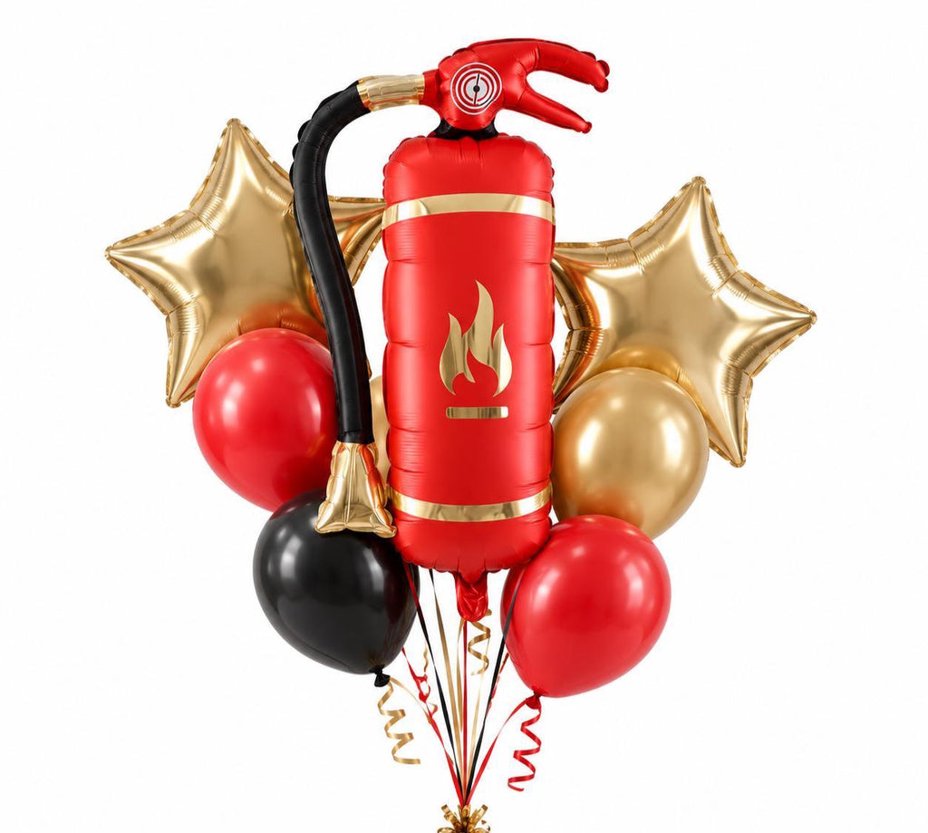 Fire Extinguisher Balloon Set, Firefighter Birthday Decorations, 18 Inch Gold Star Balloons, Red Black and Gold Latex Balloons