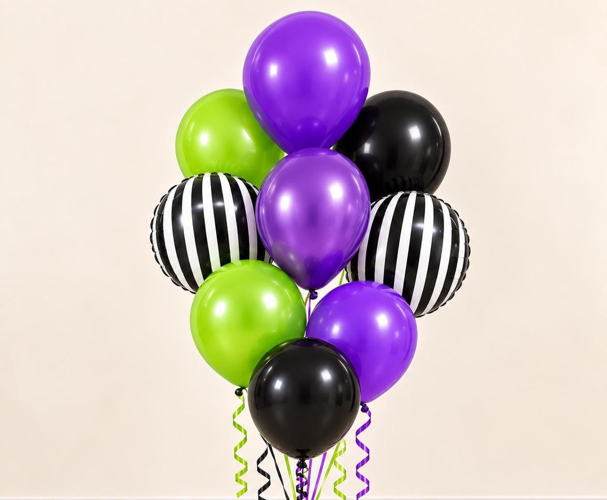 Beetlejuice Inspired Balloon Bouquet, Purple Green Black Balloons, Black White Striped Balloons, Halloween Birthday Party Decor
