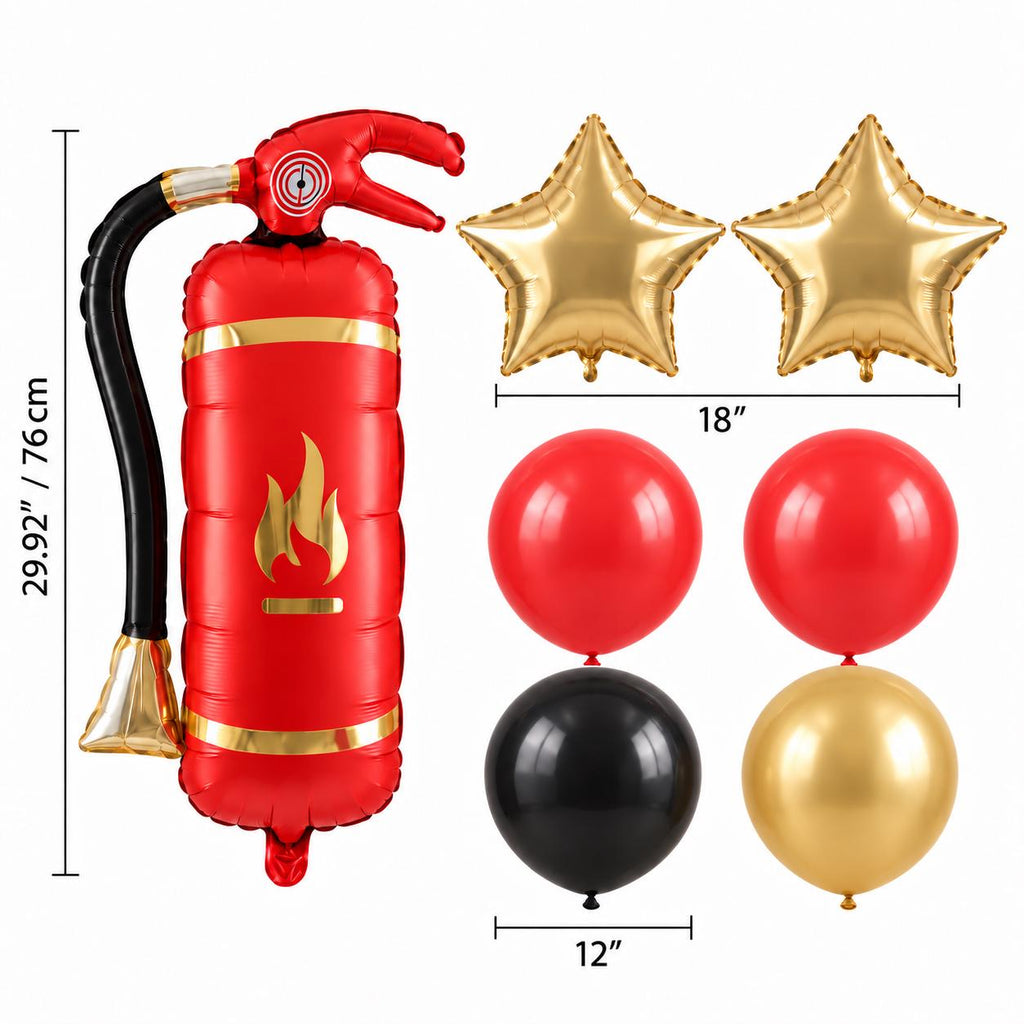Fire Extinguisher Balloon Set, Firefighter Birthday Decorations, 18 Inch Gold Star Balloons, Red Black and Gold Latex Balloons