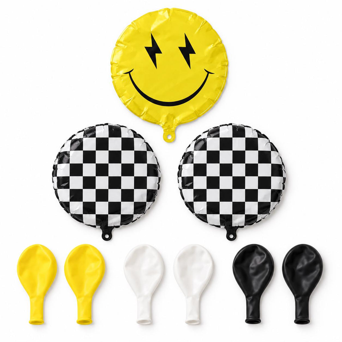 One Happy Dude Balloon Bundle, Yellow Smiley Face and Checkered Balloons, Black White Birthday Decor, Racing Party, 9 Piece Set