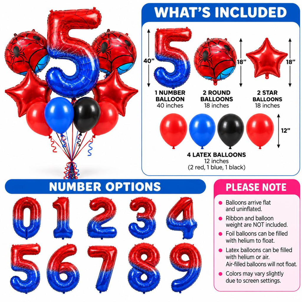 Number 6 Spider Web Balloon Bouquet | Red Blue Black Birthday Balloons | 40 Inch Number Balloon | Kids Superhero Party Decor