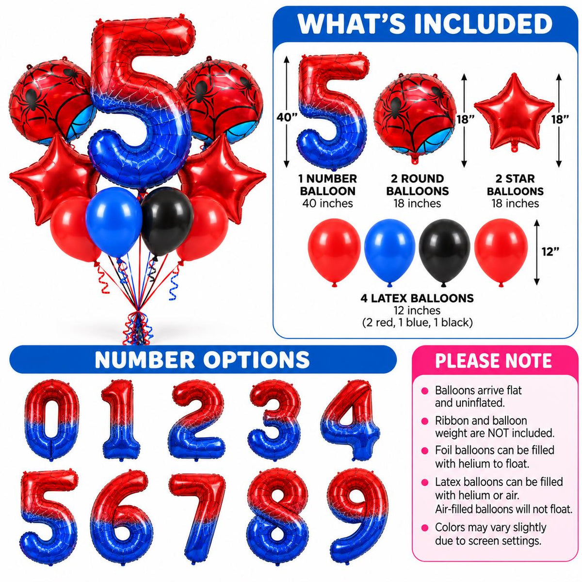 Number 6 Spider Web Balloon Bouquet | Red Blue Black Birthday Balloons | 40 Inch Number Balloon | Kids Superhero Party Decor