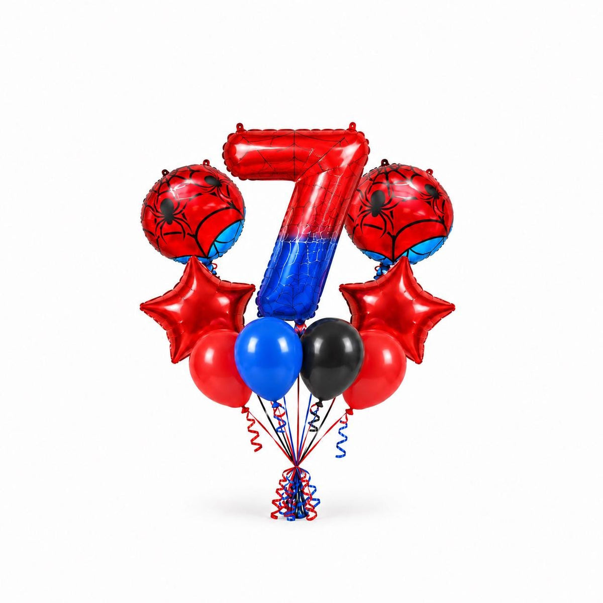 Number 7 Spider Web Balloon Bouquet | Red Blue Black Birthday Balloons | 40 Inch Number Balloon | Kids Superhero Party Decor