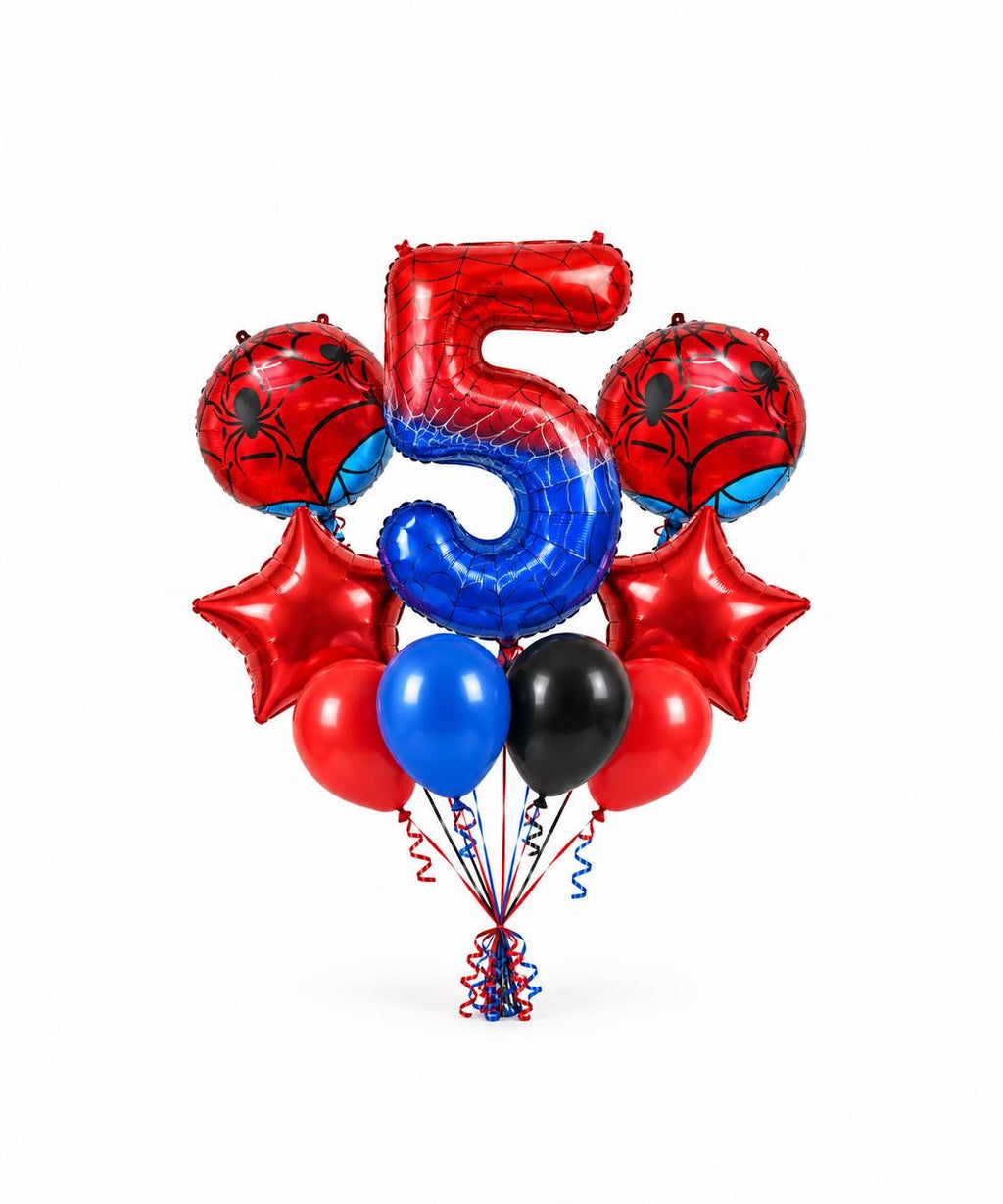 Number 5 Spider Web Balloon Bouquet | Red Blue Black Birthday Balloons | 40 Inch Number Balloon | Kids Superhero Party Decor