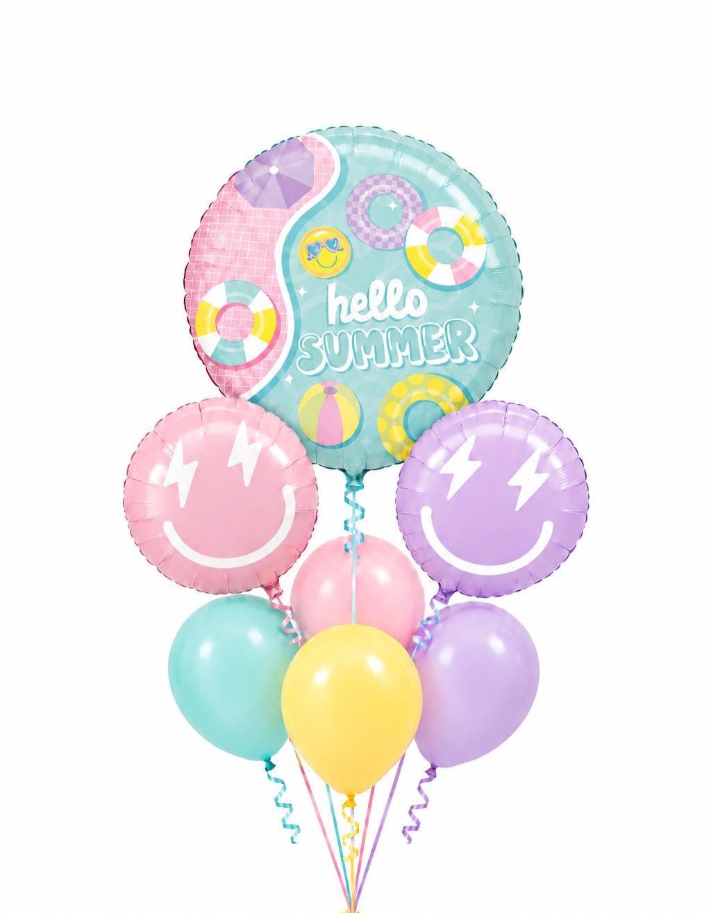Hello Summer Balloon Bouquet, Pastel Smiley Face Foil Balloons, Summer Party Balloon Set, Pink and Lavender Happy Faces