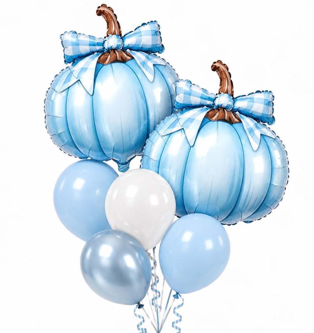 Blue Pumpkin Balloon Bouquet, 2 Foil Pumpkin Balloons with 4 Coordinating Latex Balloons, Fall Birthday Party Decor