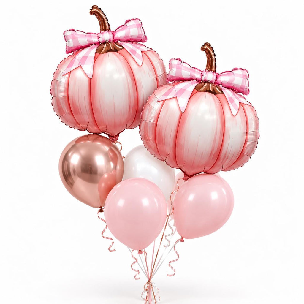 Pink Pumpkin Balloon Bouquet, 2 Foil Pumpkins with 4 Latex Balloons, Rose Gold and Blush Pink Fall Party Decor
