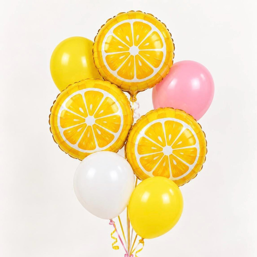 Lemon Slice Balloon Bouquet, 3 Foil Lemon Balloons with 4 Coordinating Latex Balloons, Pink, yellow and White Party Décor
