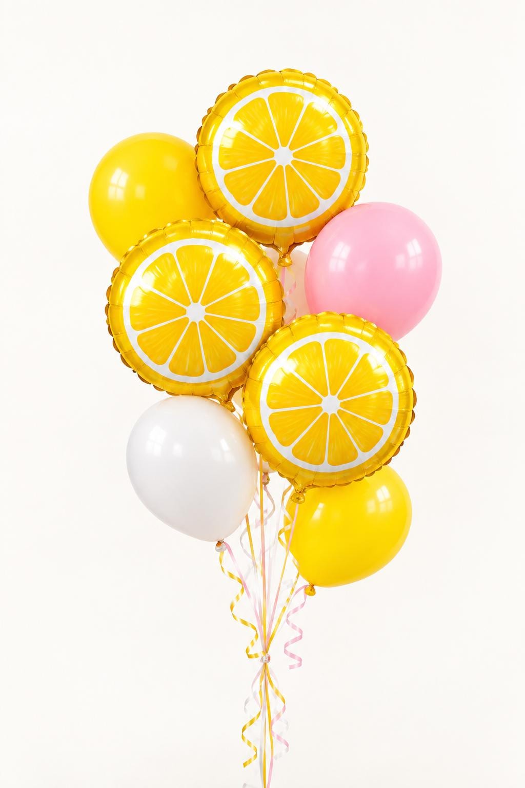 Lemon Slice Balloon Bouquet, 3 Foil Lemon Balloons with 4 Coordinating Latex Balloons, Pink, yellow and White Party Décor