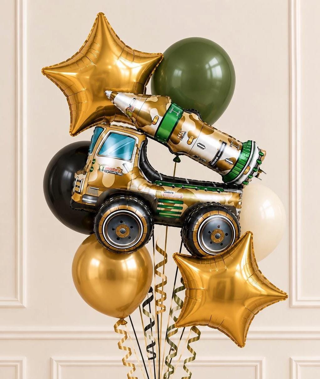 Military Truck Balloon Bouquet, Army Birthday Balloons, Camouflage Rocket Truck Balloon, Green Black Gold Birthday Party Decor