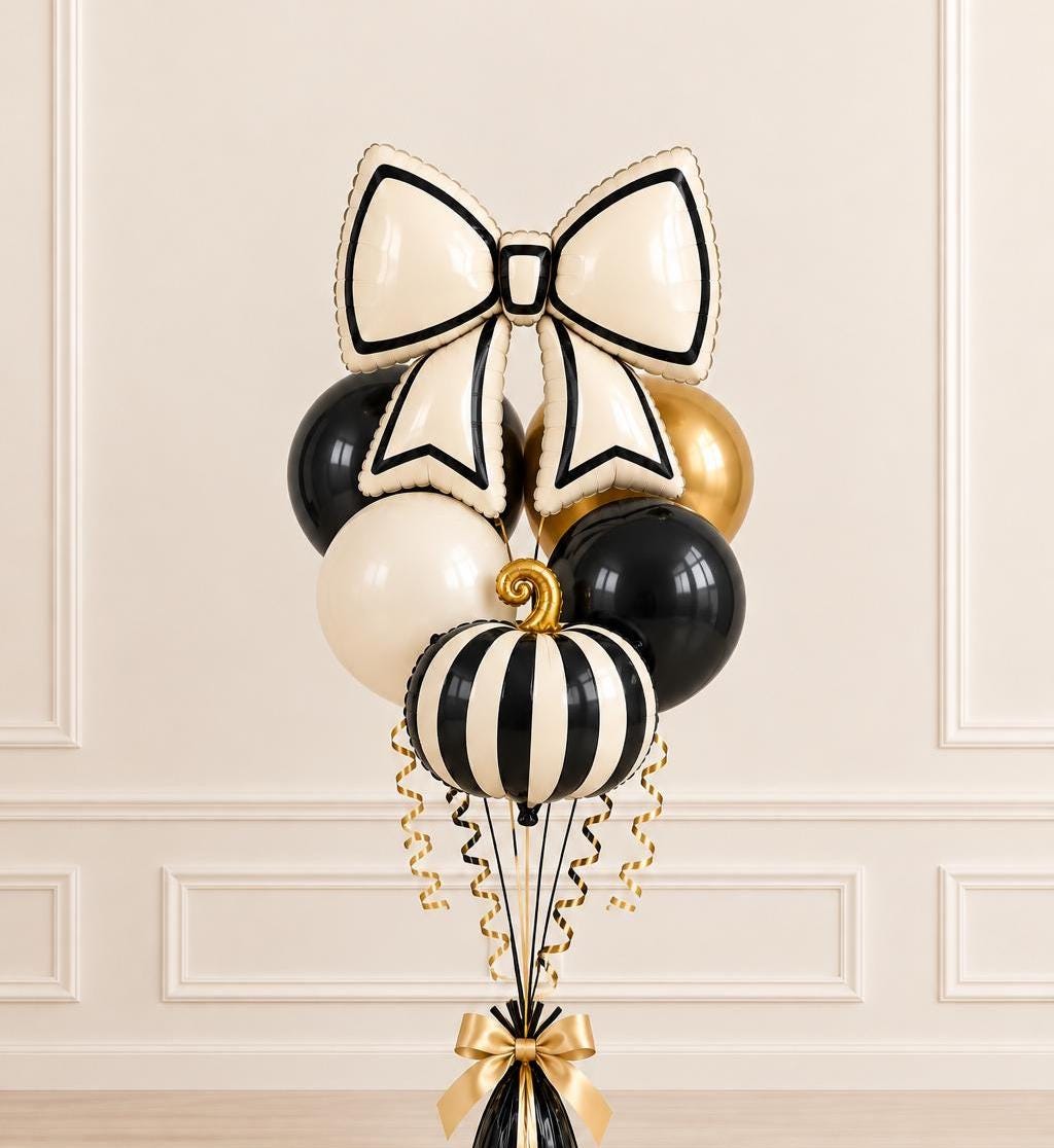 Elegant Pumpkin Balloon Bouquet | Black Cream Gold Fall Balloons | Bow Balloon Bundle | Halloween Birthday & Autumn Party Decor