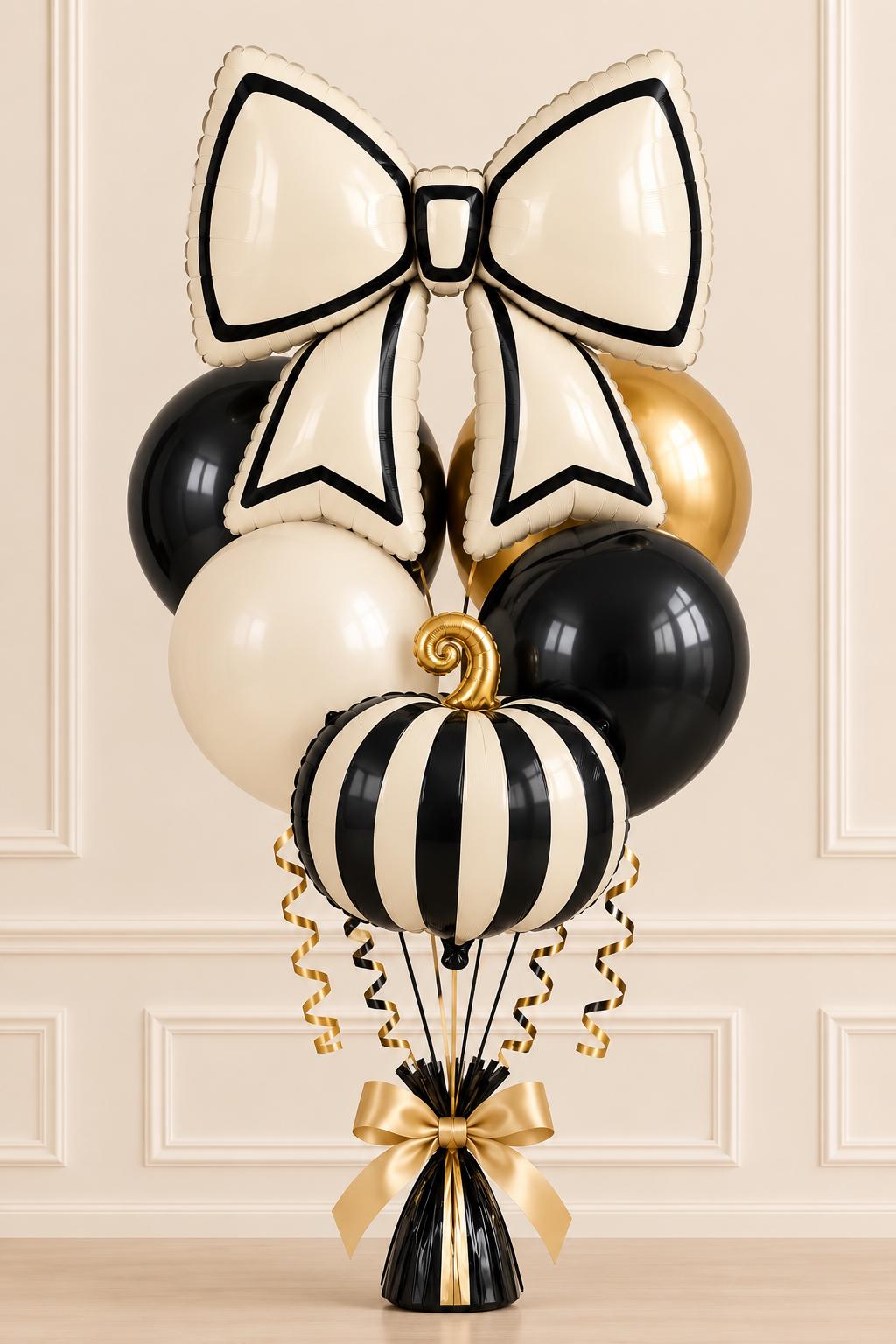 Elegant Pumpkin Balloon Bouquet | Black Cream Gold Fall Balloons | Bow Balloon Bundle | Halloween Birthday & Autumn Party Decor