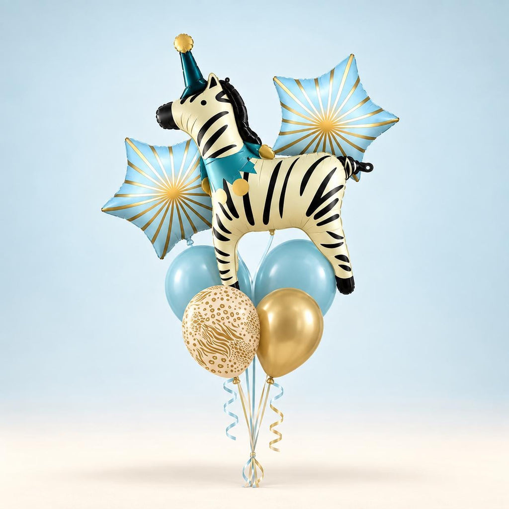 Zebra Birthday Balloon Bouquet, Blue Gold Safari Balloons, Circus Animal Party Decorations, Wild One Baby Shower Balloon Set