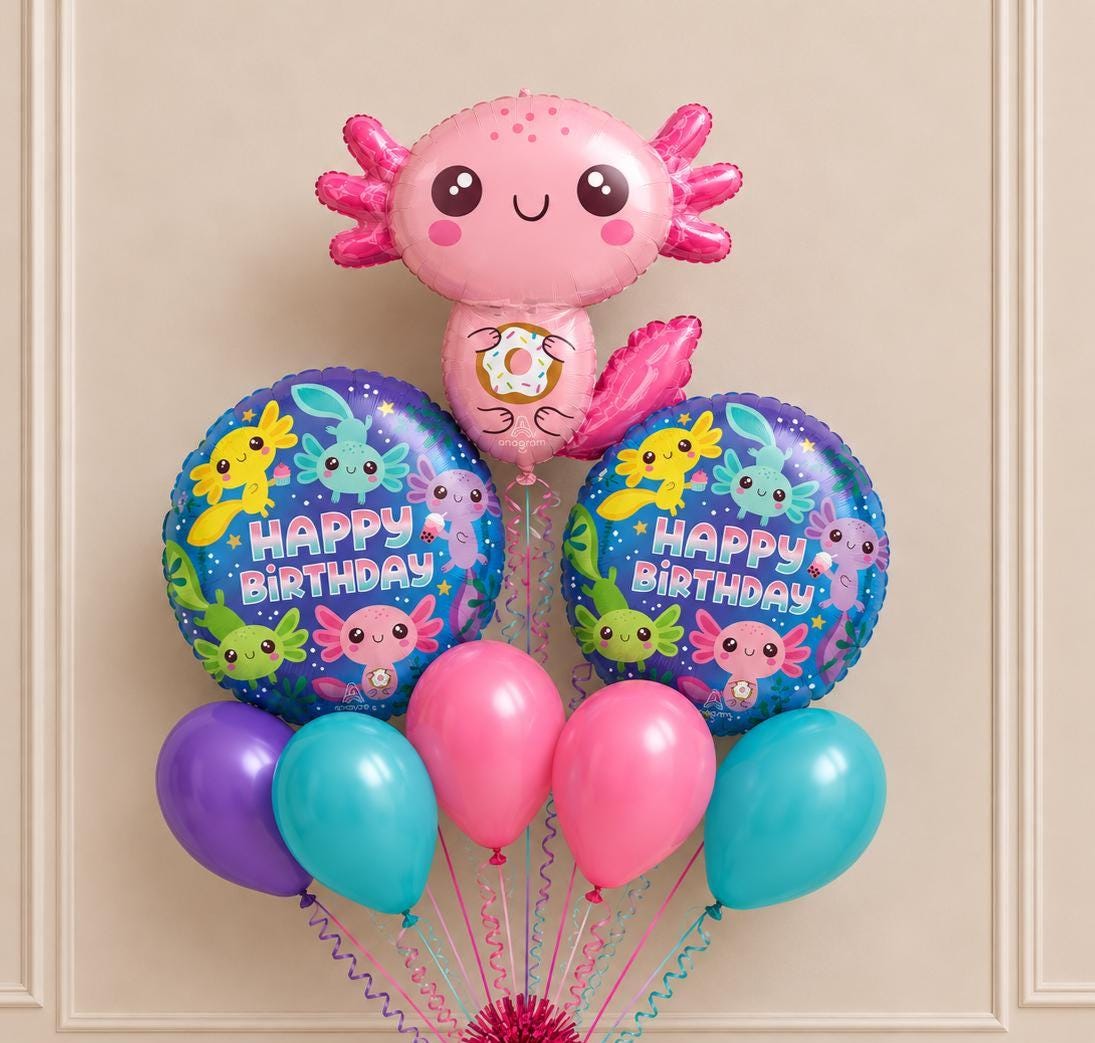 Cute Axolotl Birthday Balloon Bouquet – Pink & Blue Party Balloons