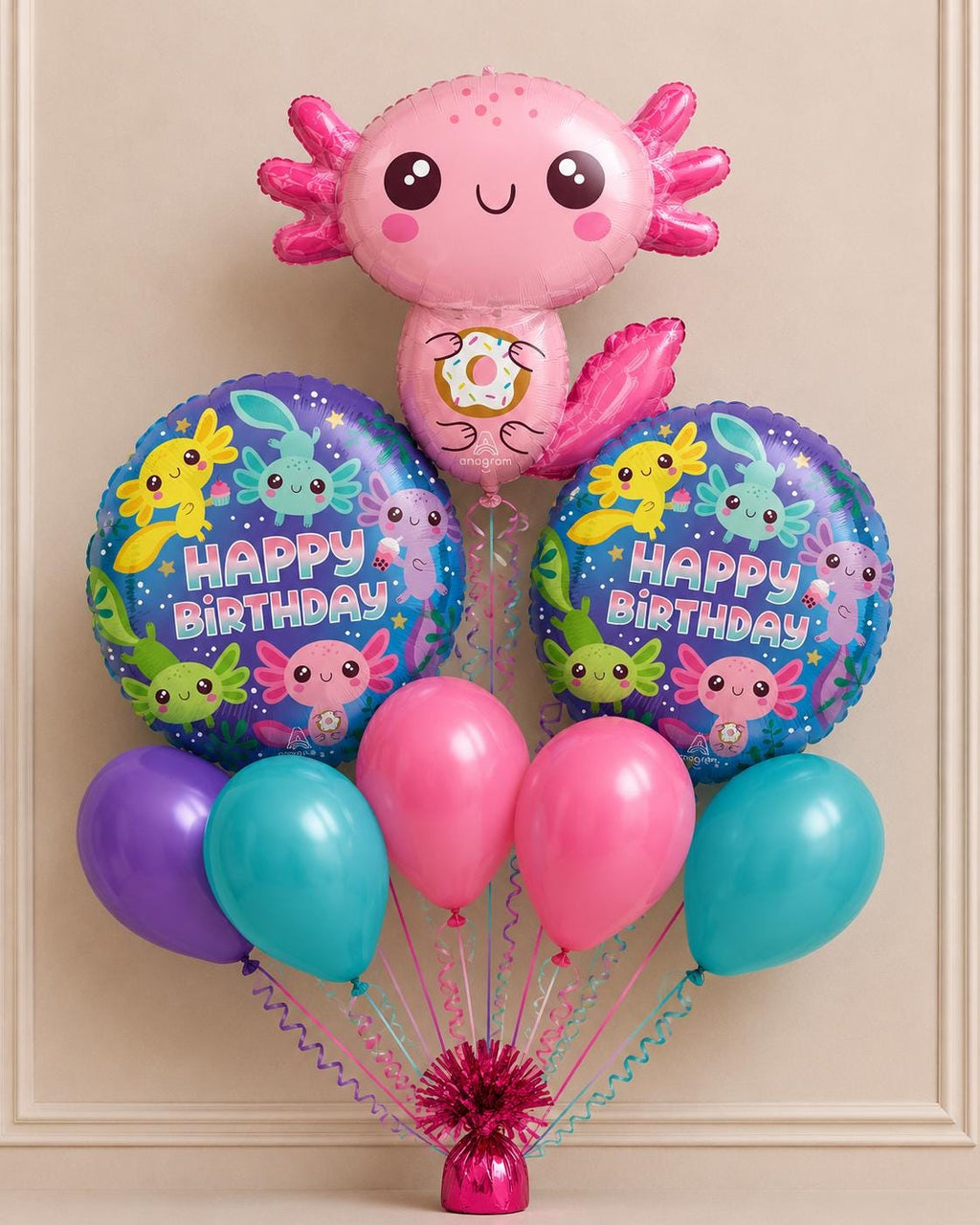 Cute Axolotl Birthday Balloon Bouquet – Pink & Blue Party Balloons