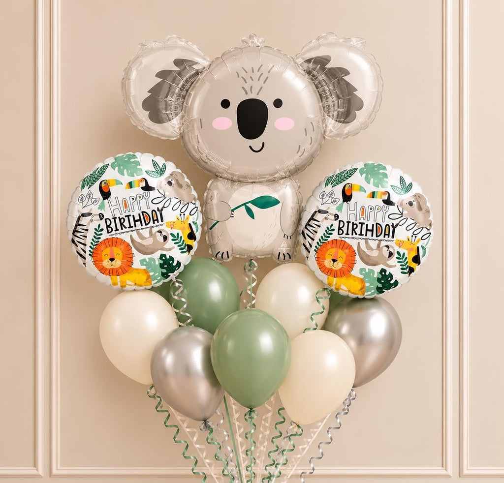 Koala Balloon Bouquet, Koala Baby Shower Balloons, Safari Animal Birthday Decor, Woodland Baby Shower, Neutral Green Balloon Bundle